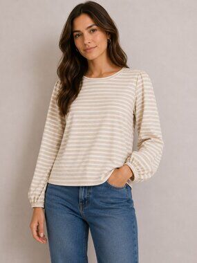 Madewell Tan/White Striped Long Balloon Sleeve Linen Blend Top XS NWT